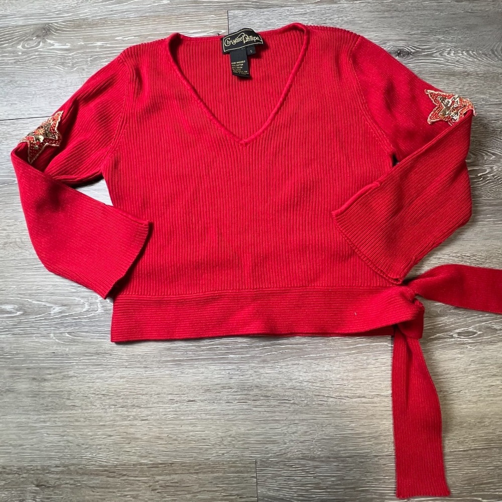 Christine Phillipe Sweater Womens S Red Ribbed Star Sequin Elbow Patch Side Tie